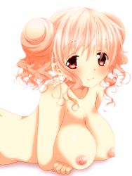 Rule 34 | 1girl, blush, breasts, hidamari sketch, hiro (hidamari sketch), looking at viewer, lying, medium hair, nipples, nora ichigo, nude, on stomach, pink hair, red eyes, smile, solo