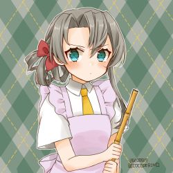 Rule 34 | 1girl, apron, aqua eyes, argyle, argyle background, argyle clothes, asymmetrical hair, bamboo, cocoperino, commentary request, dated, dress shirt, flipped hair, frilled apron, frills, green background, kantai collection, looking at viewer, nowaki (kancolle), one-hour drawing challenge, pink apron, shirt, short sleeves, silver hair, solo, swept bangs, twitter username, upper body, white shirt