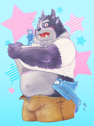 Rule 34 | 1boy, bara, belly, blush, brown pants, bulge, clothes lift, cropped legs, daisukebear, extra ears, fangs, fat, fat man, flying sweatdrops, forehead jewel, forked eyebrows, furry, furry male, grey fur, highres, lifted by self, looking at viewer, male focus, navel, open fly, pants, shirt lift, short hair, shy, solo, stomach, thick eyebrows, tokyo houkago summoners, tsathoggua (housamo)