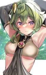 Rule 34 | 1girl, armpits, bare shoulders, blush, breasts, closed mouth, collei (genshin impact), commentary request, detached sleeves, genshin impact, green hair, hair ornament, highres, looking at viewer, medium breasts, medium hair, purple eyes, shiitake taishi, solo, tank top, upper body, wavy mouth