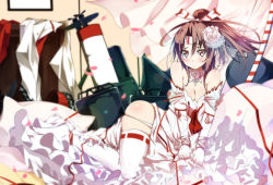 Rule 34 | 10s, 1girl, bba1985, blush, breasts, brown eyes, brown hair, cleavage, dress, flower, gloves, kantai collection, long hair, personification, petals, ponytail, solo, thighhighs, wedding dress, white dress, white gloves, white thighhighs, zuihou (kancolle)