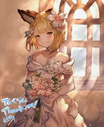 Rule 34 | 1girl, animal ears, ayacho, bare shoulders, blonde hair, blush, bouquet, breasts, bride, choker, cleavage, commission, dog ears, dog girl, dress, elbow gloves, erune, flower, formal, gloves, granblue fantasy, hair flower, hair ornament, highres, holding, holding bouquet, red eyes, rose, short hair, skeb commission, small breasts, smile, solo, strapless, strapless dress, vajra (granblue fantasy), wedding dress, white dress, white flower, white gloves, white rose