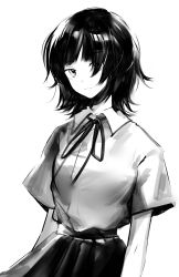Rule 34 | 1girl, amg (amo10), arms at sides, bad id, bad twitter id, closed mouth, collared shirt, cowboy shot, dress shirt, expressionless, eyes visible through hair, greyscale, hair over one eye, highres, looking at viewer, medium hair, monochrome, neck ribbon, original, pleated skirt, ribbon, school uniform, shirt, short sleeves, simple background, sketch, skirt, solo, white background, wing collar