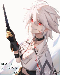 Rule 34 | 1girl, aa-aster, ahoge, artist name, black collar, black survival, blood, blood on clothes, blood on face, blood on gloves, breasts, character name, cleavage, clothes writing, collar, collarbone, copyright name, crop top, cross scar, eternal return: black survival, fang, gloves, grin, hair between eyes, hand up, highres, holding, holding knife, holding weapon, jackie quilt, knife, medium breasts, medium hair, midriff, multicolored background, official alternate costume, pocket, red eyes, scar, scar on face, smile, solo, teeth, two-tone gloves, upper body, weapon, white hair, zipper pull tab