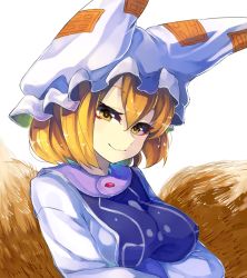 Rule 34 | 1girl, animal ears, animal hat, bad id, bad nicoseiga id, blonde hair, breast rest, breasts, dress, fox ears, fox tail, hat, hat with ears, highres, long sleeves, looking at viewer, mob cap, multiple tails, mob cap, short hair, simple background, smile, solo, suminagashi, tabard, tail, touhou, upper body, white background, yakumo ran, yellow eyes