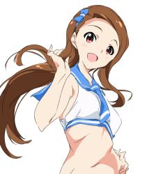 Rule 34 | 1girl, :d, blue bow, blue sailor collar, blush, bow, brown hair, hair bow, hand on own hip, idolmaster, idolmaster (classic), long hair, looking at viewer, minase iori, navel, open mouth, red eyes, sailor collar, sailor swimsuit (idolmaster), smile, solo, umanosuke, upper body