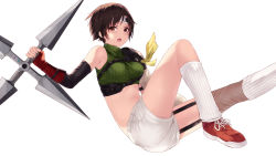 Rule 34 | 1girl, artist request, ass, asymmetrical legwear, bare shoulders, breasts, brown hair, final fantasy, final fantasy vii, fingerless gloves, forehead protector, gloves, green eyes, highres, huge weapon, looking at viewer, mismatched legwear, open mouth, short hair, short shorts, shorts, solo, weapon, yuffie kisaragi