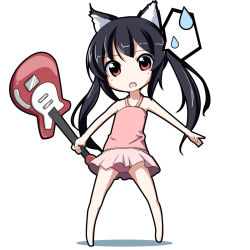 Rule 34 | animal ears, black hair, brown eyes, casual one-piece swimsuit, cat ears, chibi, fang, guitar, highres, instrument, k-on!, moti ken, nakano azusa, one-piece swimsuit, pink one-piece swimsuit, solo, swimsuit, twintails
