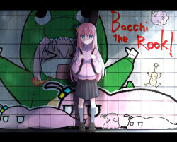 Rule 34 | &gt; &lt;, 1girl, absurdres, black skirt, blank eyes, blue eyes, bocchi the rock!, brown footwear, closed mouth, copyright name, cube hair ornament, dinosaur costume, dot mouth, full body, gitao, gotoh hitori, gotoh hitori (octopus), gotoh hitori (tsuchinoko), graffiti, grey socks, guitar case, hair between eyes, hair ornament, hands up, highres, holding strap, instrument case, instrument on back, jacket, jitome, kneehighs, letterboxed, loafers, long hair, looking at viewer, nkeo, one side up, pink hair, pink jacket, pleated skirt, shoes, skirt, socks, solo, standing, straight-on, tile wall, tiles, track jacket