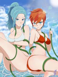 Rule 34 | 2 color hair, 2girls, absurdres, arm up, ass, bare legs, beach, bikini, blue eyes, blue hair, blue sky, blush, breasts, breasts squeezed together, cleavage, cloud, entangled, foot out of frame, gado soulsilver, highres, hose, knees up, large breasts, legs, long hair, looking at viewer, lying, medium breasts, multicolored hair, multiple girls, navel, orange hair, original, ponytail, red bikini, red hair, selyna, short hair, skadi, sky, sun, swimsuit, thighs, water, white bikini