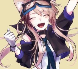 Rule 34 | 1girl, :d, animal ears, arknights, bare shoulders, black jacket, blue necktie, brown hair, cardigan (arknights), cheering, cropped jacket, dog ears, dora (user jnfr7827), closed eyes, gloves, goggles, goggles on head, hands up, happy, highres, jacket, multicolored hair, necktie, open mouth, shirt, sidelocks, simple background, smile, solo, streaked hair, upper body, white gloves, white shirt, yellow background
