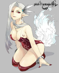 Rule 34 | 1girl, akatsuhara empire, bad id, bad pixiv id, bare shoulders, bracelet, breasts, cleavage, earrings, elf, fangs, hair ornament, horns, jewelry, kneeling, large breasts, long hair, nail polish, pixiv fantasia, pixiv fantasia 3, pointy ears, red eyes, red nails, ryou (kimagure), silver hair, solo, tail, thighhighs