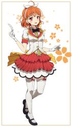 Rule 34 | 1girl, absurdres, ahoge, blush, bow, bowtie, corsage, earrings, feathers, floral background, frilled skirt, frills, full body, garter straps, gloves, hair bow, highres, holding, holding feather, jewelry, layered skirt, love live!, love live! school idol festival, love live! sunshine!!, mary janes, mirai ticket, orange hair, red eyes, senguyen1011, shoes, skirt, solo, takami chika, thighhighs, white gloves, white thighhighs