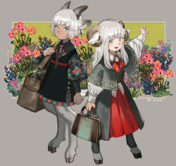 Rule 34 | 1girl, 1other, :d, androgynous, animal ears, arm at side, bag, black dress, blue flower, blunt bangs, brooch, brown bag, capelet, clenched hand, closed mouth, collared dress, collared shirt, commentary request, curled horns, dark skin, dress, earrings, floral print, flower, flower request, full body, goat ears, goat horns, goat legs, goat tail, green eyes, grey background, grey capelet, hand up, holding, holding bag, hooves, horns, jewelry, leather bag, light blush, long hair, long sleeves, looking at viewer, nose, open mouth, orange flower, original, outstretched arm, pink flower, plant, print capelet, print dress, puffy long sleeves, puffy sleeves, purple flower, red neckwear, red skirt, sasumata jirou, satyr, sheep ears, sheep girl, sheep horns, shirt, short hair, sidelocks, skirt, smile, standing, traditional clothes, twitter username, white hair, white shirt, wing collar, yellow background