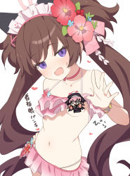 Rule 34 | 1girl, animal ears, bead bracelet, beads, bikini, blue archive, blush, bracelet, brown hair, censored nipples, fang, flower, frilled bikini, frills, hair flower, hair ornament, halo, hand on own hip, heart, highres, jewelry, long hair, looking at viewer, maid headdress, navel, open mouth, pink bikini, purple eyes, shizuko (blue archive), shizuko (swimsuit) (blue archive), simple background, skin fang, solo, stomach, supershiruco, sweat, swimsuit, twintails, two side up, white background