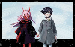 Rule 34 | 10s, 1boy, 1girl, black cloak, black hair, blue eyes, cloak, coat, colored sclera, colored skin, couple, darling in the franxx, findoworld, fur trim, green eyes, grey coat, hetero, hiro (darling in the franxx), holding, hood, hooded cloak, horns, long hair, looking at viewer, oni horns, parka, pink hair, red horns, red pupils, red sclera, red skin, short hair, signature, tears, winter clothes, winter coat, aged down, zero two (darling in the franxx)