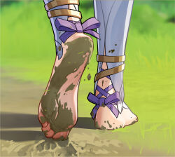 1girl ankle_ribbon barefoot close-up dirty dirty_feet feet feet_only feet_up foot_focus footprints footwear_focus genshin_impact grass highres kokuto_mikiya leg_ribbon mud nilou_(breeze_of_sabaa)_(genshin_impact) nilou_(genshin_impact) official_alternate_costume purple_ribbon ribbon shadow soles solo toes