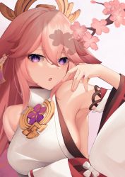 Rule 34 | 1girl, :o, absurdres, armpits, bad id, bad pixiv id, breasts, cherry blossoms, detached sleeves, genshin impact, hair between eyes, hair ornament, highres, japanese clothes, long hair, looking at viewer, medium breasts, miko, pink background, pink hair, priestess, purple eyes, shirafuji ene, simple background, solo, upper body, yae miko