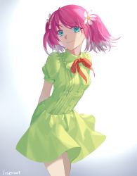 Rule 34 | 1girl, arms behind back, artist name, blue eyes, dress, female focus, flower, green dress, hair flower, hair ornament, highres, hiiragi nana, losercat, munou na nana, red neckwear, short hair, short sleeves, short twintails, simple background, smile, solo, standing, twintails, white background
