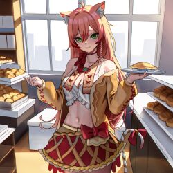 Rule 34 | 1girl, absurdres, ahoge, animal ear fluff, animal ears, braid, brain, bread, bread bun, breasts, candy, candy cane, cat ears, cat girl, choker, closed mouth, commission, food, food-themed clothes, green eyes, hair between eyes, highres, holding, holding tray, indoors, large breasts, long sleeves, looking at viewer, navel, original, pie, pink hair, red choker, red skirt, ribbon-trimmed sleeves, ribbon trim, seventeencrows, shelf, single braid, skirt, smile, solo, standing, sunlight, tray, window