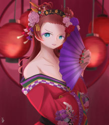 Rule 34 | 1girl, absurdres, aion no uta (love live!), alternate hairstyle, aqua eyes, artist name, artist request, blue eyes, blush, bow, braid, breasts, brown hair, collarbone, crown braid, emma verde, female focus, floral print, flower, flower print, folding fan, freckles, green nails, hair between eyes, hair flower, hair ornament, hair stick, hairband, hand fan, highres, holding, holding fan, japanese clothes, kimono, long hair, long sleeves, looking at viewer, love live!, love live! nijigasaki high school idol club, love live! school idol festival, love live! school idol festival all stars, low twintails, nail, nail polish, obi, parted lips, pink flower, polka dot, polka dot bow, polka dot hairband, purple flower, red background, red flower, red hair, red kimono, red lips, sash, short kimono, smile, solo, twintails, upper body, v-shaped eyebrows, white flower, wide sleeves