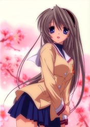 Rule 34 | 00s, 1girl, absurdres, artist request, blue eyes, blush, clannad, cover, cover page, hairband, highres, long hair, open mouth, sakagami tomoyo, scan, school uniform, silver hair, skirt, solo