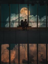 Rule 34 | 1boy, 1girl, bag, blue sky, cloud, commentary request, dripping, full body, full moon, highres, indoors, moon, night, night sky, omi kim, on bench, original, pants, reflective floor, shirt, shoes, short hair, silhouette, sitting, sky, t-shirt, wide shot, window