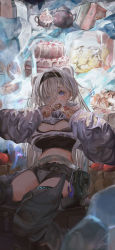 Rule 34 | 1girl, absurdres, animal ears, arknights, aurora (arknights), bear ears, bear girl, black bra, black hairband, black pants, black shirt, blue eyes, bra, breasts, cake, chaps, cleavage, cleavage cutout, clothing cutout, commentary request, cookie, cowboy shot, crop top, cropped jacket, food, grey shorts, hair over one eye, hairband, hands up, highres, holding, holding food, infection monitor (arknights), jacket, large breasts, long hair, long sleeves, looking at viewer, midriff, pants, shirt, short shorts, shorts, solo, stomach, teapot, thigh cutout, thighlet, thighs, underwear, vea (v ea ), very long hair, white hair, white jacket