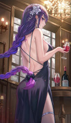Rule 34 | 1girl, alcohol, alternate costume, ass, back, back tattoo, backless dress, backless outfit, bare arms, bare back, bare shoulders, black dress, bottle, braid, breasts, chandelier, closed mouth, cowboy shot, criss-cross back-straps, cup, dress, drink, drinking glass, duplicate, earrings, floating hair, flower, genshin impact, hair flower, hair ornament, hand up, holding, holding drink, indoors, jewelry, large breasts, long hair, looking at viewer, low-braided long hair, low-tied long hair, mitsudomoe (shape), mole, mole under eye, multicolored hair, nail polish, poise, profile, purple eyes, purple hair, purple nails, raiden shogun, red wine, sideboob, sidelocks, sideways glance, single braid, sleeveless, sleeveless dress, solo, streaked hair, tattoo, tomoe (symbol), window, wine, wine bottle, wine glass