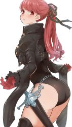 Rule 34 | ass, blush, butt crack, from behind, from side, gluteal fold, half updo, highres, jacket, kurosususu, leather, leather jacket, leotard, looking back, persona, persona 5, scabbard, sheath, simple background, solo, thick thighs, thighs, white background, yoshizawa kasumi