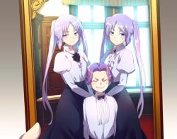 Rule 34 | 1boy, 2girls, alternate costume, black neckwear, blush, bow, bowtie, commentary request, echo (circa), euryale (fate), closed eyes, fate/grand order, fate (series), grin, juliet sleeves, long hair, long sleeves, looking at viewer, mephistopheles (fate), multiple girls, photo (object), puffy sleeves, purple eyes, purple hair, short hair, siblings, sisters, smile, stheno (fate), twins, twintails, very long hair, window, aged down