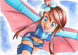 Rule 34 | 1girl, :d, blue background, blue eyes, blue jacket, blue shorts, brown hair, commentary, creatures (company), cropped jacket, dark-skinned female, dark skin, game freak, hair ornament, highres, jacket, midriff, navel, nintendo, oka mochi, one side up, open mouth, outstretched arms, pokemon, pokemon bw, pouch, short hair with long locks, short shorts, shorts, sidelocks, skyla (pokemon), smile, solo, teeth, thigh pouch, tongue, traditional media, upper teeth only