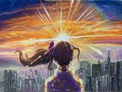 Rule 34 | 1girl, absurdres, amano hina (tenki no ko), artist name, black choker, choker, cityscape, colored pencil (medium), commentary, english commentary, from behind, highres, japanese clothes, kimono, long hair, making-of available, nape, p.art, purple kimono, side ponytail, solo, sunset, tenki no ko, traditional media, upper body