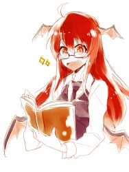 Rule 34 | 1girl, 6 (yuchae), :d, ahoge, bat wings, bespectacled, book, fang, glasses, happy, head wings, koakuma, long hair, low wings, open book, open mouth, reading, red eyes, red hair, semi-rimless eyewear, simple background, smile, solo, sparkle, touhou, under-rim eyewear, upper body, white background, wings