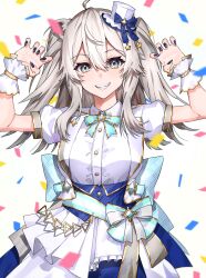 Rule 34 | 1girl, absurdres, animal ears, aqua bow, aqua bowtie, black nails, blue skirt, bow, bow skirt, bowtie, claw pose, confetti, cowboy shot, fangs, fingernails, grey eyes, grey hair, grin, hat, highres, hololive, hololive idol uniform, hololive idol uniform (bright), jacket, large bow, layered skirt, lion ears, long hair, looking at viewer, messy hair, mini hat, mini top hat, nail polish, official alternate costume, puffy short sleeves, puffy sleeves, r h 0502, shirt, shishiro botan, short sleeves, skirt, smile, solo, top hat, two side up, underbust, virtual youtuber, waist bow, white hat, white jacket, white shirt, white skirt, wrist cuffs