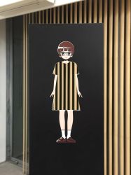 Rule 34 | 1girl, arms at sides, blunt bangs, brown footwear, brown hair, dress, full body, glasses, highres, indoors, looking at viewer, original, panasonynet, patterned clothing, photo (medium), shoes, short hair, socks, solo, standing, striped clothes, striped dress, unconventional media, vertical stripes, white socks, window, window blinds