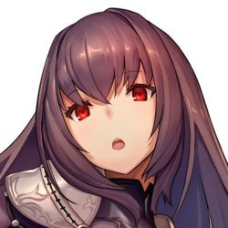 Rule 34 | armor, brown hair, commentary request, fate/grand order, fate (series), hair between eyes, km yama, long hair, looking at viewer, lowres, open mouth, pauldrons, red eyes, scathach (fate), shoulder armor, solo, white background