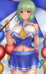 Rule 34 | 1girl, alternate costume, ascot, balloon, blue skirt, blue tank top, blue umbrella, breasts, closed mouth, cowboy shot, green hair, hand on own chest, highres, holding, holding umbrella, kazami yuuka, large breasts, looking at viewer, midriff, multicolored umbrella, navel, red eyes, short hair, shounen (hogehoge), skirt, smile, solo, standing, tank top, touhou, touhou lostword, two-tone umbrella, umbrella, white tank top, white umbrella, wrist cuffs, yellow ascot