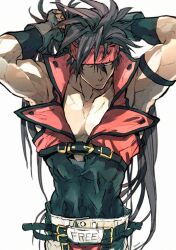 Rule 34 | 1 ssmk, 1boy, arms behind head, arms up, belt, black gloves, brown hair, cropped jacket, english text, fingerless gloves, gloves, guilty gear, guilty gear x, guilty gear xx, hair between eyes, headband, highres, jacket, large pectorals, long hair, male focus, muscular, muscular male, pectorals, ponytail, red jacket, shaded face, sol badguy, solo
