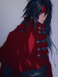 Rule 34 | 1boy, belt buckle, black hair, black jacket, buckle, cape, cloak, closed mouth, final fantasy, final fantasy vii, final fantasy vii rebirth, final fantasy vii remake, grey background, hair between eyes, headband, highres, jacket, kanoe k, long hair, looking at viewer, male focus, red cape, red cloak, red eyes, red headband, solo, upper body, vincent valentine