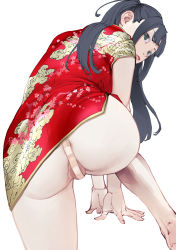 Rule 34 | 1girl, all fours, ass, back, bandaid, bandaid on anus, bandaid on pussy, bare legs, bent over, black hair, blue eyes, china dress, chinese clothes, dress, expressionless, from behind, highres, inamitsu shinji, lips, long hair, looking at viewer, looking back, no panties, original, paid reward available, partially visible vulva, print dress, red dress, short dress, short sleeves, sidelocks, simple background, solo, twintails, white background