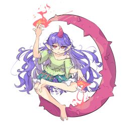 Rule 34 | 1girl, arm up, clothes writing, fire, floating, frilled shorts, frills, full body, green eyes, green shirt, highres, holster, horns, long hair, looking at viewer, messy hair, open mouth, oversized clothes, oversized shirt, plaid, plaid shorts, pointy ears, primsla, purple hair, red horns, shirt, short sleeves, shorts, sidelocks, simple background, single horn, solo, split mouth, syringe, tail, tenkajin chiyari, test tube, thigh holster, touhou, unfinished dream of all living ghost, very long hair, white background, wide sleeves