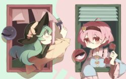 Rule 34 | 2girls, black hairband, black headwear, bow, closed mouth, commentary request, green eyes, green hair, hair between eyes, hairband, hat, hat bow, heart, highres, holding, holding phone, komeiji koishi, komeiji satori, korean commentary, long hair, long sleeves, looking at viewer, multiple girls, painting (action), phone, pink hair, pinkish scarlet, red eyes, short hair, siblings, sisters, third eye, touhou, upper body, window, yellow bow
