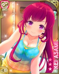 Rule 34 | 1girl, asami kei, bare arms, barefoot, blue shirt, bottle, breasts, card (medium), character name, cleavage, closed mouth, day, english text, girlfriend (kari), indoors, leaning forward, official art, pink eyes, pink hair, ponytail, qp:flapper, school, shirt, shorts, smile, solo, sparkle, stretching, tagme, volume symbol, yellow shorts, yoga