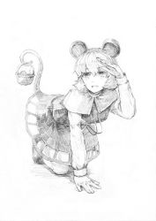 Rule 34 | 1girl, all fours, animal ears, basket, blouse, capelet, greyscale, hand to forehead, highres, holding, holding with tail, long sleeves, looking afar, matumasima, monochrome, mouse (animal), mouse ears, mouse tail, nazrin, open mouth, prehensile tail, shirt, short hair, skirt, skirt set, smile, solo, tail, touhou, vest