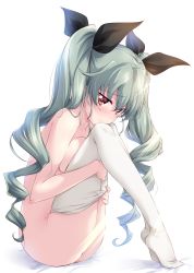 Rule 34 | 1girl, anchovy (girls und panzer), bed sheet, black ribbon, blush, breasts, closed mouth, clothes pull, commentary, drill hair, from side, girls und panzer, green hair, hair ribbon, highres, hugging own legs, kuzuryuu kennosuke, light censor, long hair, looking at viewer, medium breasts, on bed, pantyhose, pantyhose pull, pulled by self, red eyes, ribbon, simple background, sitting, smile, solo, tiptoes, twin drills, twintails, white background