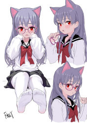 Rule 34 | 1girl, :o, animal ears, artist name, bespectacled, black skirt, blush, bow, cat ears, collarbone, commentary request, unworn eyewear, feet, feiqizi (fkey), fkey, full body, glasses, hands up, highres, holding, holding removed eyewear, long hair, long sleeves, looking at viewer, miniskirt, multiple views, no shoes, open mouth, original, pantyhose, pink-framed eyewear, red bow, red eyes, red neckwear, round eyewear, sailor collar, school uniform, serafuku, silver hair, simple background, sitting, skirt, soles, toes, upper body, white background, white pantyhose