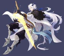 Rule 34 | 1boy, armor, bad id, bad pixiv id, black gloves, cape, diarmait briongloid, elbow gloves, full body, gloves, glowing, glowing weapon, greaves, hair over one eye, holding, holding sword, holding weapon, horns, male focus, parata, pixiv fantasia, pixiv fantasia age of starlight, pointy ears, simple background, solo, sword, weapon, white cape, white hair, wide sleeves
