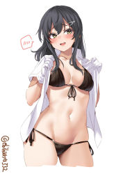 Rule 34 | 1girl, bikini, black bikini, black hair, blouse, blush, breasts, collarbone, collared shirt, cowboy shot, cropped legs, dress shirt, ebifurya, gloves, hair between eyes, hair ornament, hairclip, highres, kantai collection, long hair, looking at viewer, medium breasts, navel, one-hour drawing challenge, open clothes, open mouth, open shirt, oyashio (kancolle), raised eyebrows, shirt, short sleeves, side-tie bikini bottom, simple background, smile, solo, stomach, swimsuit, twitter username, white background, white gloves, white shirt, wing collar, yellow eyes