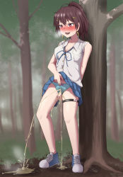 Rule 34 | 1girl, blue footwear, blue panties, blue ribbon, blue skirt, blush, bow, bow panties, breast pocket, breasts, breath, brown eyes, brown hair, cleavage, clothes lift, collarbone, dokyuu hentai hxeros, earrings, fang, forest, grass, grey shirt, hair ornament, hairclip, highres, jewelry, long hair, looking down, medium breasts, momozono momoka, nannyou dojin, nature, neck ribbon, open mouth, panties, peeing, peeing self, pocket, ponytail, puddle, relief, ribbon, shirt, shoes, skirt, skirt lift, sleeveless, sleeveless shirt, smile, sneakers, sparkle, standing, steam, sweat, thigh strap, tree, underwear, wet, wet clothes, wet panties